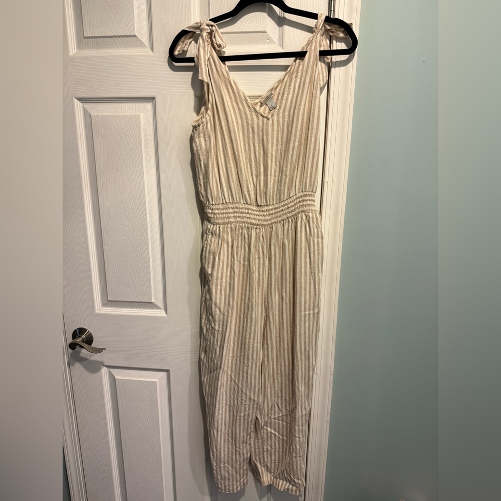 Cream Linen Striped Jumpsuit